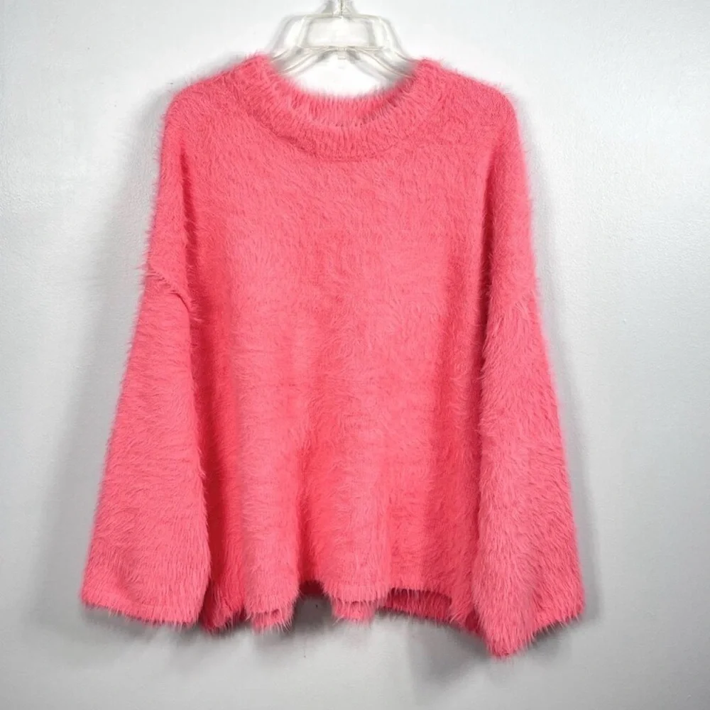 Free People Harrison Bunny Crew Sweater XS Pink Eyelash Knit Oversized Slouchy